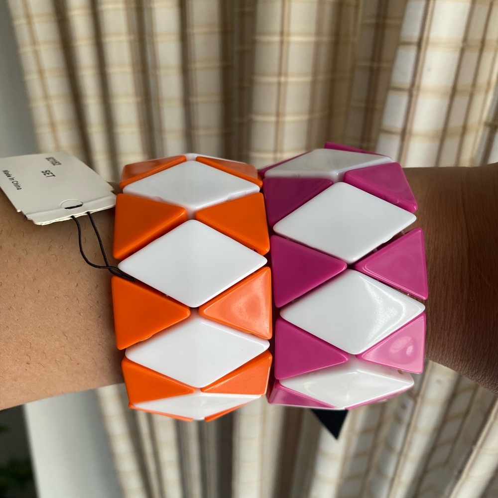 Bright Orange & Pink Geometric Tile Stretch Bracelets - Set of 2